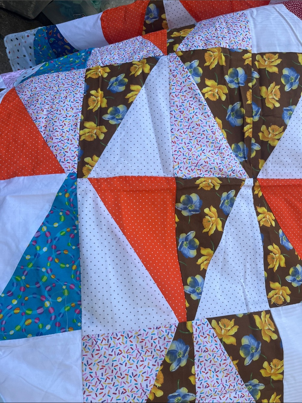 Handmade Patchwork Quilt in Orange, Blue, Brown & White